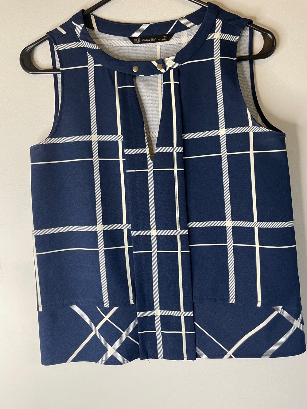 Zara Navy and White Windowpane Sleeveless Tie-Neck Top